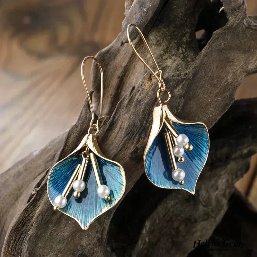 Gold and Blue Dangle Earrings with Pearls | Gold