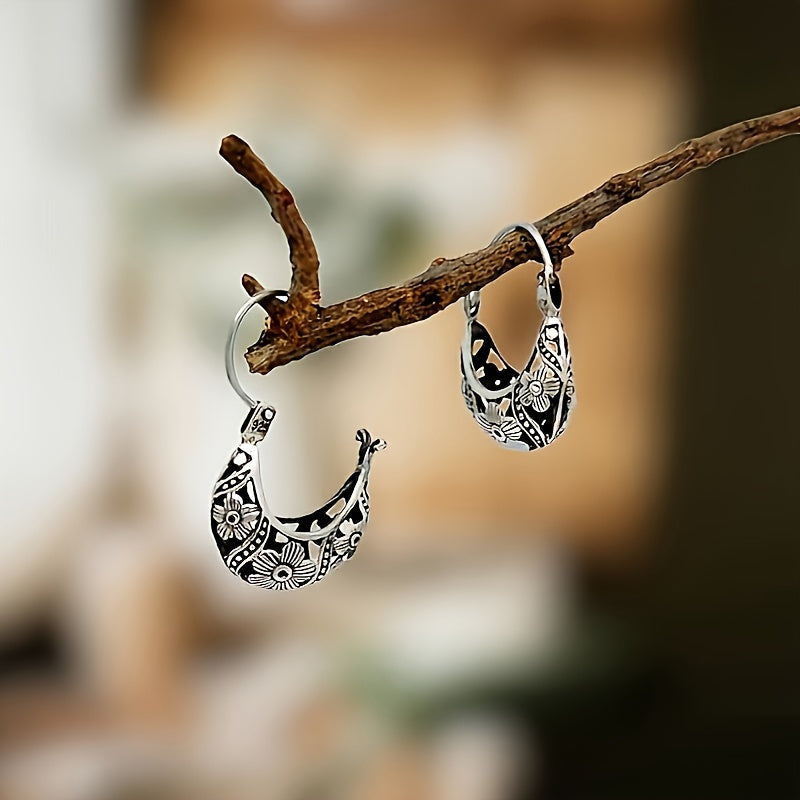 UNIQUE FLOWER HOOP EARRINGS | ANCIENT SILVER