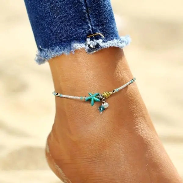 STAR AND SHELL ANKLET BRACELET WITH NATURAL STONES