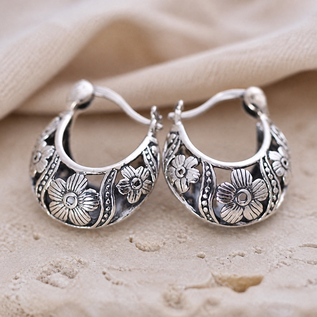 UNIQUE FLOWER HOOP EARRINGS | ANCIENT SILVER