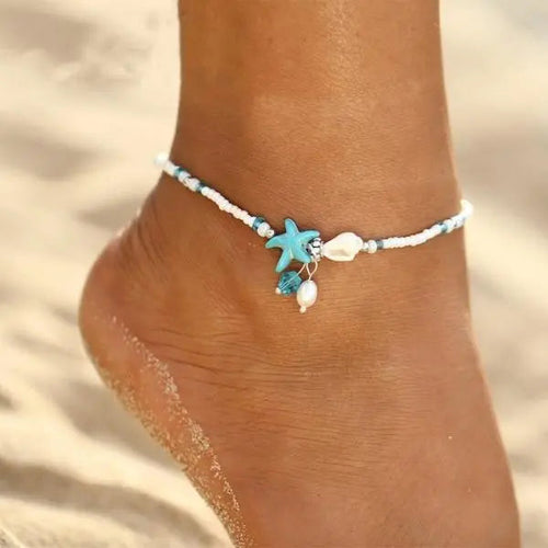STAR AND SHELL ANKLET BRACELET WITH NATURAL STONES