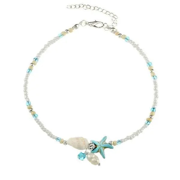 STAR AND SHELL ANKLET BRACELET WITH NATURAL STONES