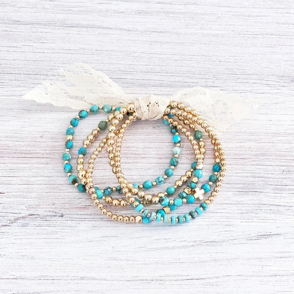 VINTAGE TURQUOISE BEADED CROSS CHARM BRACELET