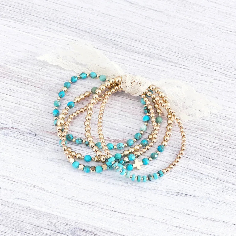 VINTAGE TURQUOISE BEADED CROSS CHARM BRACELET