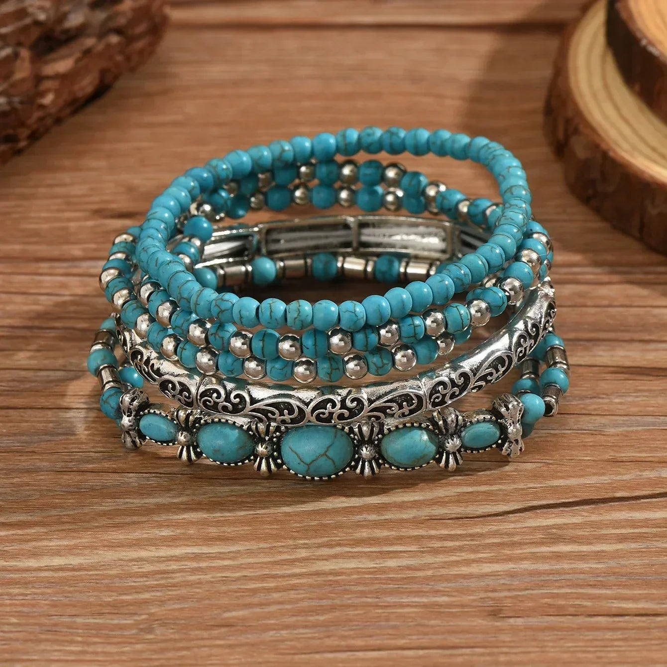 BOHEMIAN TURQUOISE BEADED BRACELET SET | TURQUOISE
