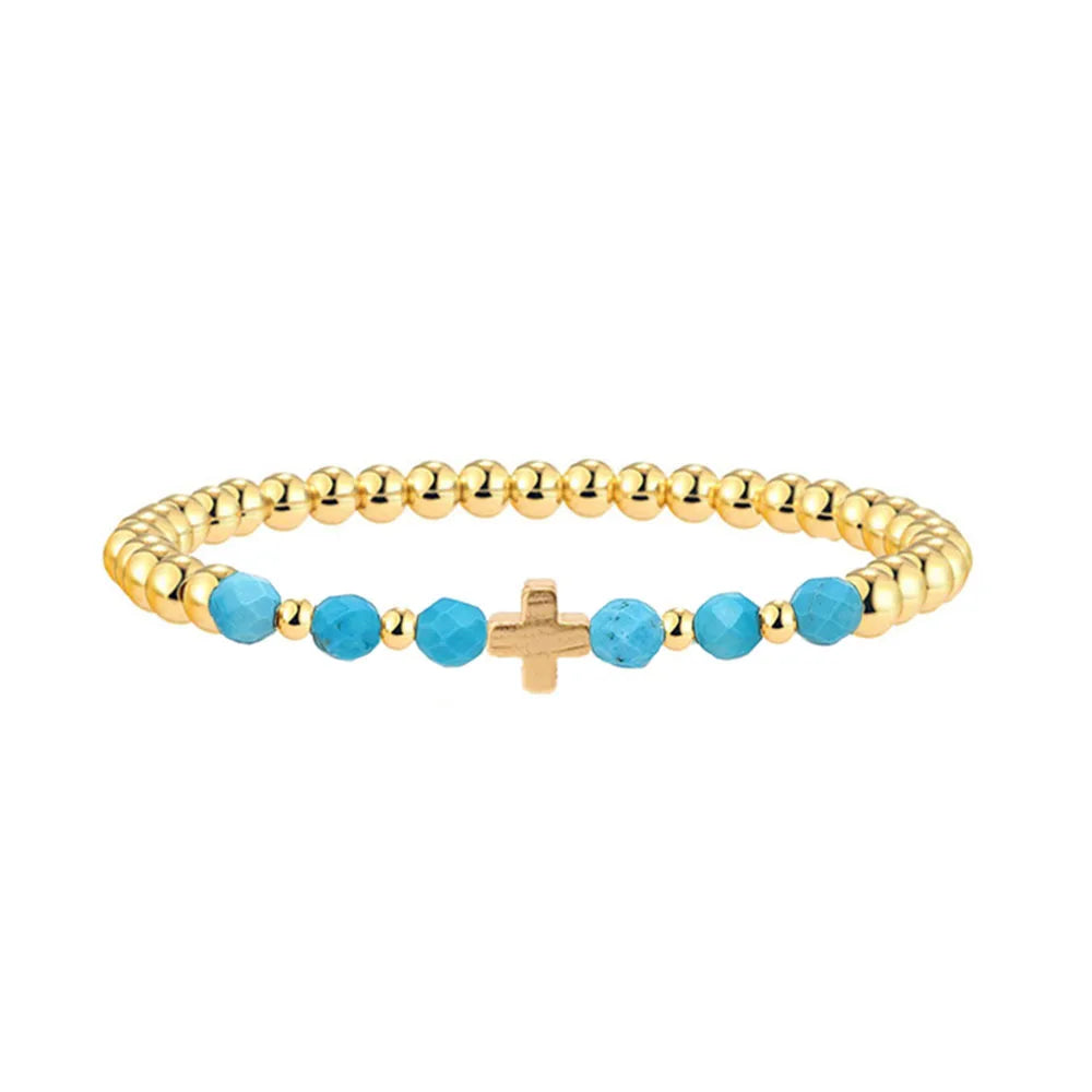 VINTAGE TURQUOISE BEADED CROSS CHARM BRACELET
