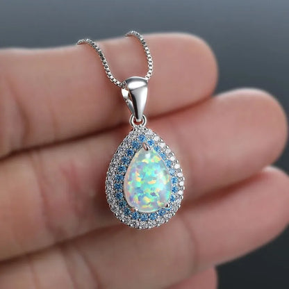 ELEGANT BLUE OPAL DROP SPARKLING NECKLACE | WHITE GOLD