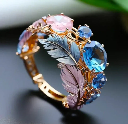 Evelyn Rose Jewelry Antique Exotic Feather Crystal Gold Ring