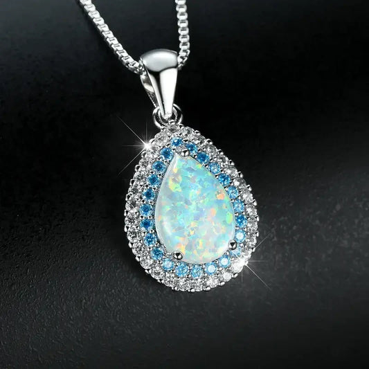 Evelyn Rose Jewelry Elegant Blue Opal Drop White Gold Necklace